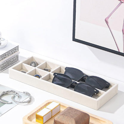 Divided Drawer Organizer Tray, Velvet Jewelry Storage Tray, Necklace Bracelet Ring Earring Display Tray,Bedside Nightstand Desk Holder Tray for Phone Watch Sunglasses Cosmetics Storage/Beige/1grid