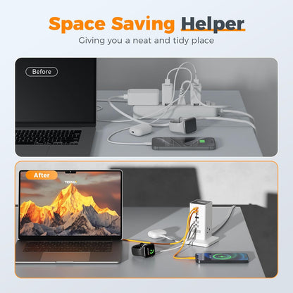 Charging Station for Multiple Devices, TESSAN 9-in-1 USB C Power Strip for iPhone 17/16/15, MacBook, Tablet, Desktop Phone Fast Charger with 3 AC, USB Charger, Home Drom Office Accessories, White-65W