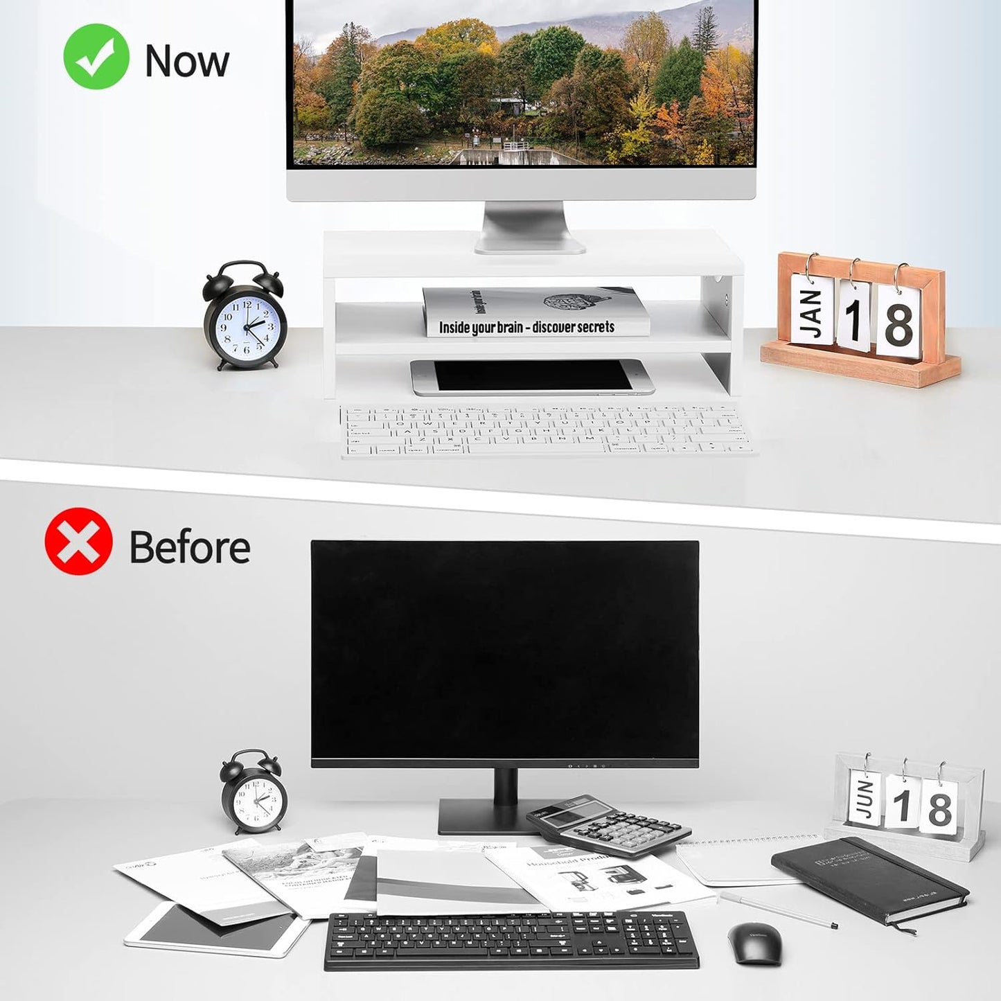 Zimilar Monitor Stand Riser, 2 Tiers Laptop Computer Monitor Riser for PC Screen, iMac, Desktop Wooden Screen Monitor Stand Riser with Storage for Home Office