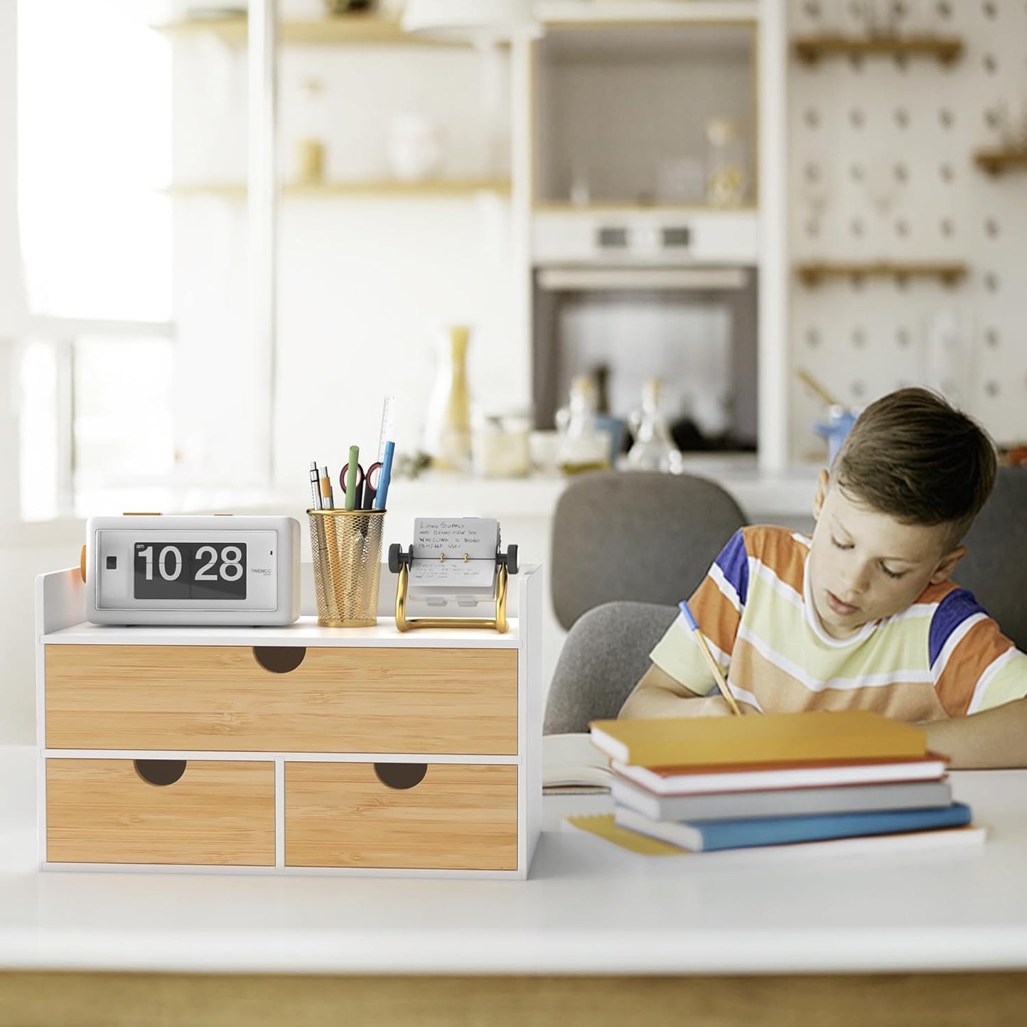 Desk Organizer with Drawers - Bamboo Desktop Organizer Storage | Wood Desk Drawers Organizer for Bills, Office Supplies, Cosmetics, Seals No Assembly Required (3 Drawer with Big Drawer)