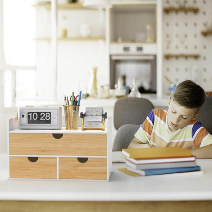 Desk Organizer with Drawers - Bamboo Desktop Organizer Storage | Wood Desk Drawers Organizer for Bills, Office Supplies, Cosmetics, Seals No Assembly Required (3 Drawer with Big Drawer)