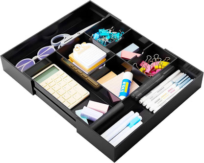 Briwooody 1 Pcs Acrylic Desk Drawer Organizer 9'' up to 16'' x 12'' x 2.2'' Expandable Drawer Organizer Trays with 10 Adjustable Compartments Clear Desk Accessories for Makeup Office Bathroom