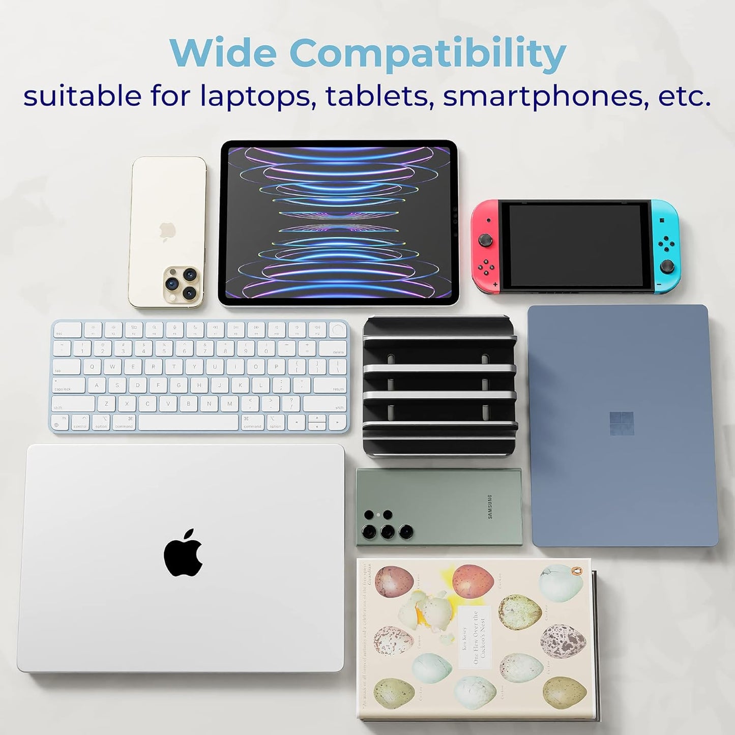 Adjustable Laptop Stand, 5 Slots, Aluminum Space-Saving, for Apple MacBook/Surface/Galaxy/Tablet/iPad/iPhone, Silver