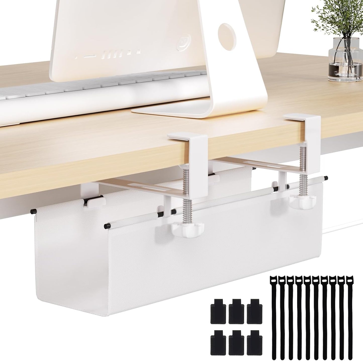 Under Desk Cable Management Tray 27.2" - No Drill Computer Wire Organizer Cable Tray, Cord Hider Clamp Mount with 16X Cable Ties PC Cables Management Cord Holder for Office/Home (Upgrade Fabric,White)