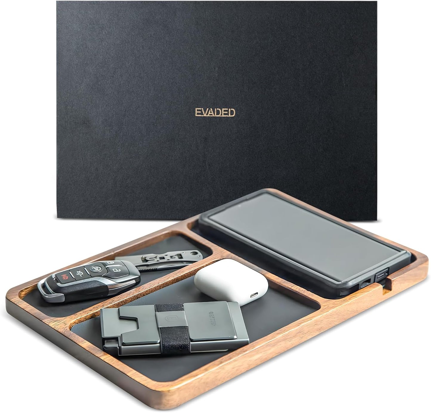 Premium Acacia Wood and Leather Valet Tray for Men; Night Stand Vanity Tray, Mens Valet Tray Organizer, Bedside Caddy, Desk Organizer; Key, Jewelry, Sunglasses Storage and Organizer; Catch All Tray