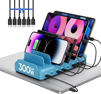 300W Charging Station for Multiple Devices, 8 Port Multi USB C Fast Charger Station Dock for MacBook iPhone 17/16/15/14/13/12 Samsung Pixel Series iPad, Black (6 Mixed Short Cables Included)