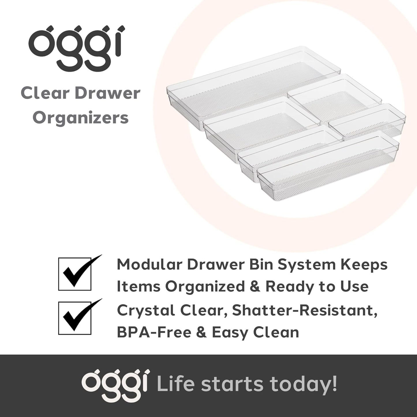 Oggi Set of 5 Clear Drawer Organizers - (1) 3x6.25, (2) 3x9.5, (2) 3x12.5 - Ideal for Organizing Kitchen Drawers, Office, Desk, Silverware, Kitchen Utensils, Cosmetics and Bathrooms