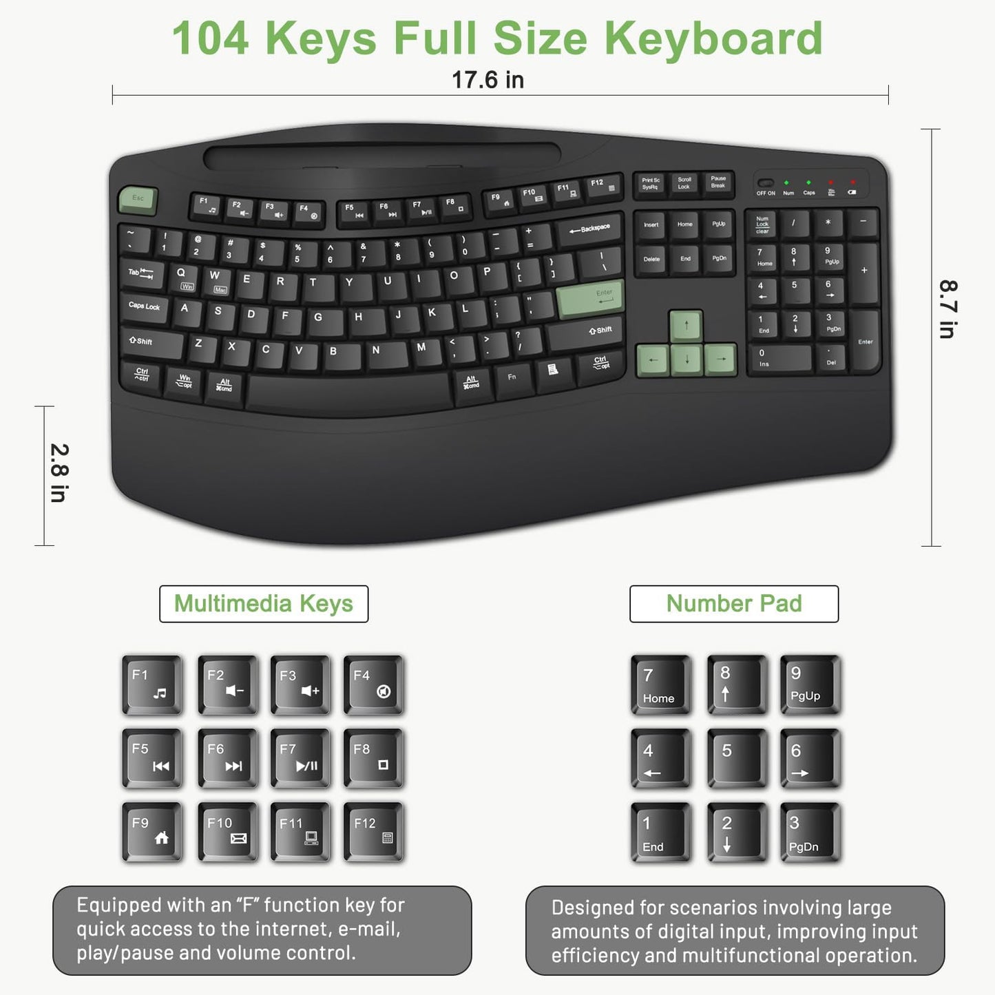 Wireless Keyboard and Mouse Combo, 2.4G Full Size Wave Keys Ergonomic Keyboard with Wrist Rest, Phone Holder, 3-Level DPI Wireless Silent Mouse with 6-Buttons, for Windows, Mac OS, Laptop, PC (Black)