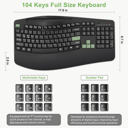 Wireless Keyboard and Mouse Combo, 2.4G Full Size Wave Keys Ergonomic Keyboard with Wrist Rest, Phone Holder, 3-Level DPI Wireless Silent Mouse with 6-Buttons, for Windows, Mac OS, Laptop, PC (Black)