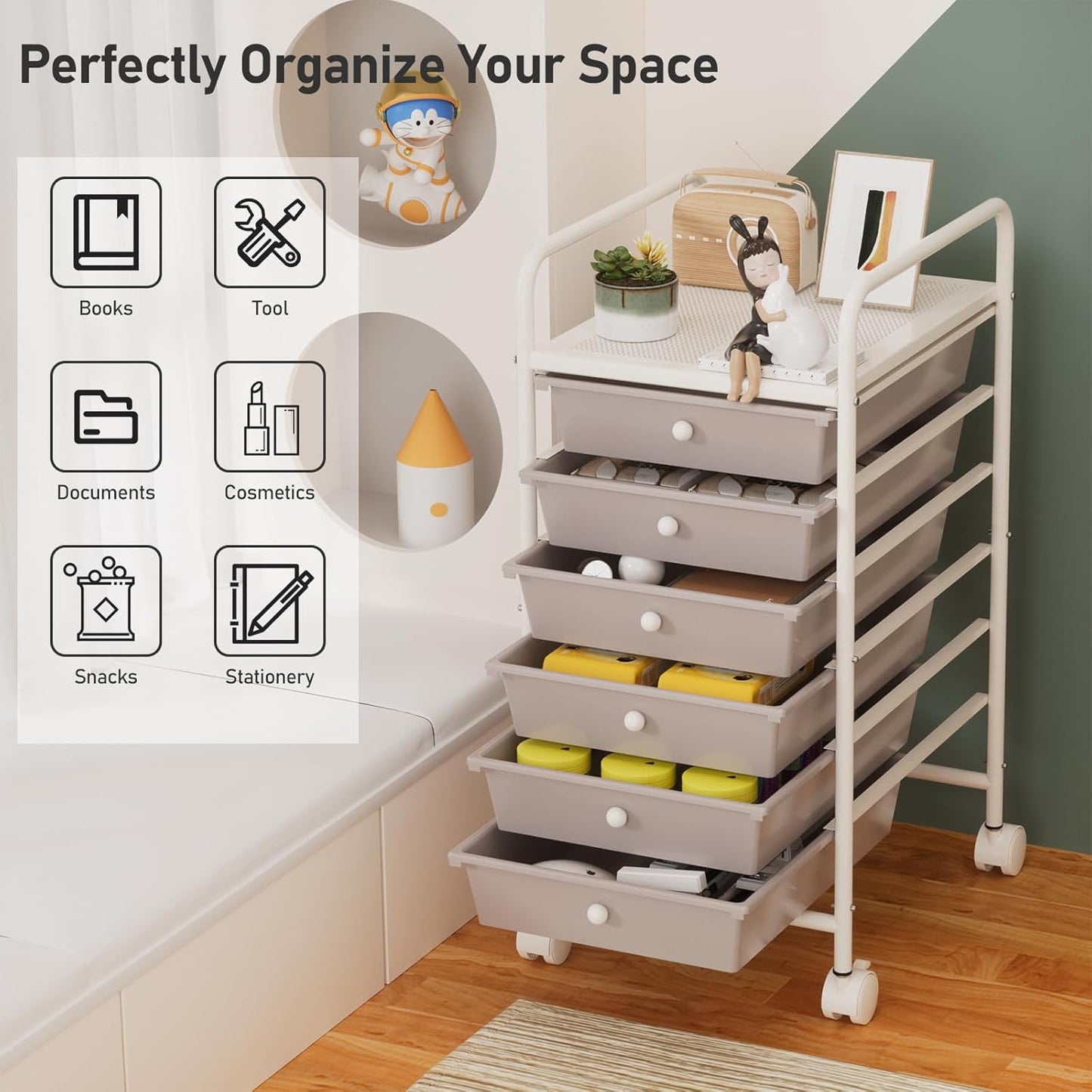 4-Tier Utility Cart with 4 Drawers, Rolling Utility Cart with 2 Lockable Caster Wheels, Multipurpose Mobile Rolling Drawer Cart for Office Bathroom Kitchen, Ivory White