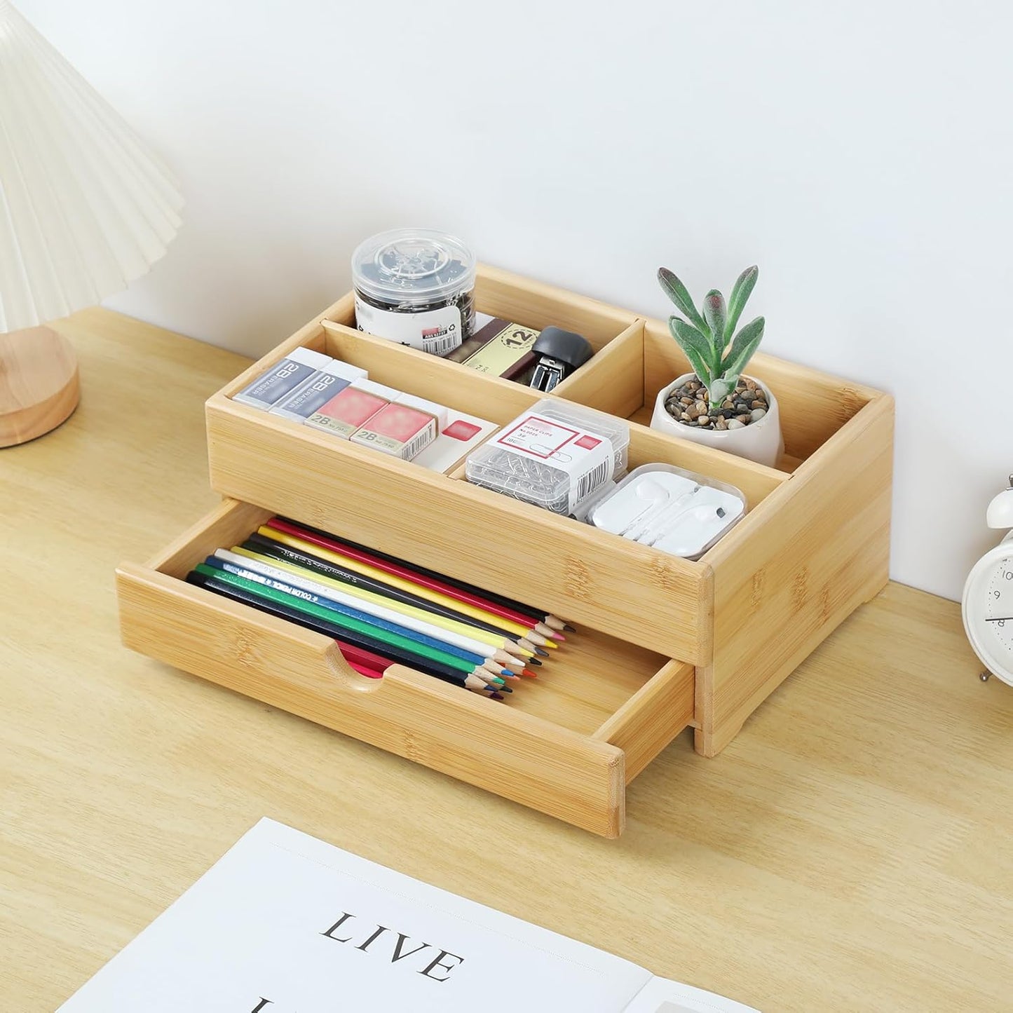 GOBAM Bamboo Makeup Organizer and Storage with Drawer, Wooden Cosmetic Organizer Countertop for Bathroom, Bedroom, Kitchen & Dresser, Desk Organizer with Drawers and Make up Vanity Station - Medium