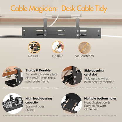 No Drill Under Desk Cable Management Tray, 17”-30” Retractable Cord Organizer for Table, Clamp Mount Wire Basket, Power Strip Holder & Metal Cord Organizer for Office, Home