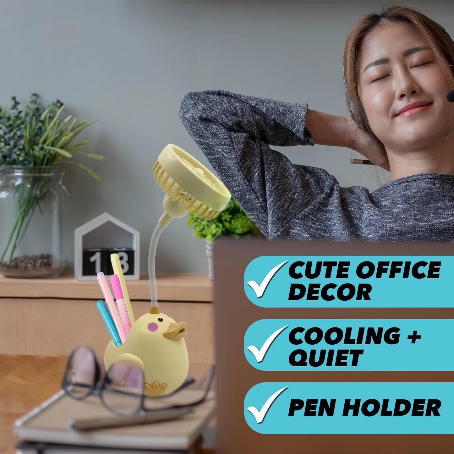 Cute Pink Cat Desk Fan with Pen Holder — Cat Fan for Women, Animal Fan, Funny Office Accessories, Cat Lover Gift, Small USB Fan, Aesthetic Decor