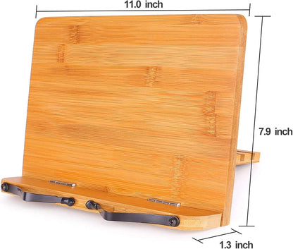 MEGREZ Bamboo Book Stand for Reading, Adjustable Cookbook Holder with Page Clips, Recipe Book Holder for Kitchen, Smooth Surface (11.0 x 8.0 inch)