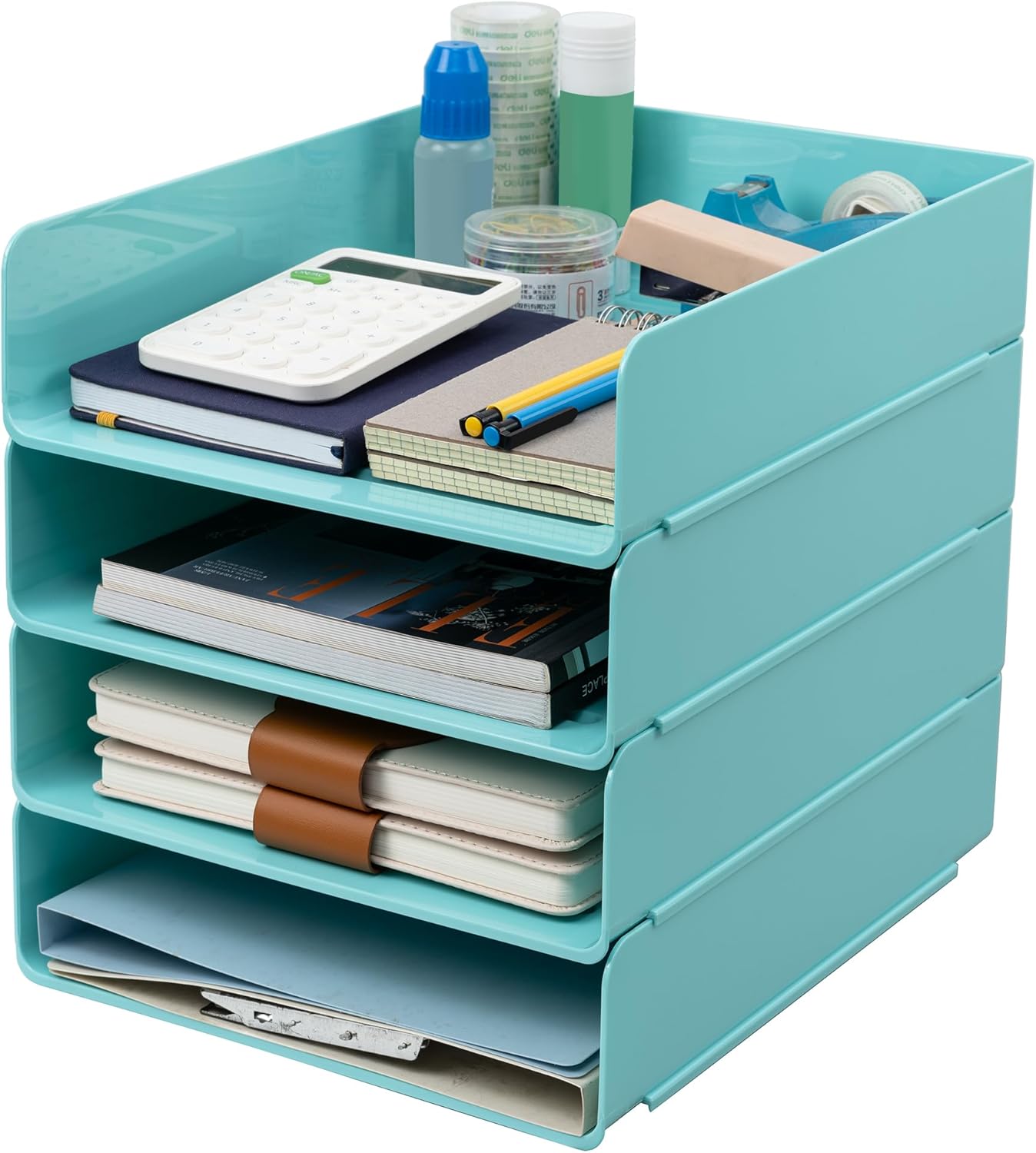 Tiawudi Desk Organizer, Clear Office Organization and Storage, Plastic Letter Tray, Stackable File Organizer for Classroom, Home, Documents, Notes, Folders, Books and Pens, 4 Tier