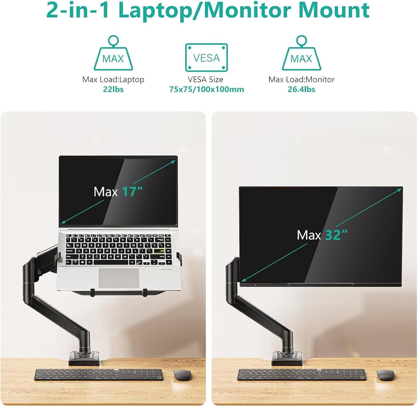 WALI Single Arm Laptop and Monitor Desk Mount for 17" Notebook and Up to 32" Screen, 2-in-1 Adjustable Monitor Arm with Laptop Tray, VESA 75x75 100x100,Holds 22-26.4 lbs, Black (GSMP001NLP)