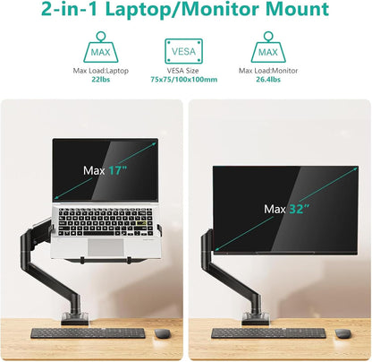 WALI Single Arm Laptop and Monitor Desk Mount for 17" Notebook and Up to 32" Screen, 2-in-1 Adjustable Monitor Arm with Laptop Tray, VESA 75x75 100x100,Holds 22-26.4 lbs, Black (GSMP001NLP)