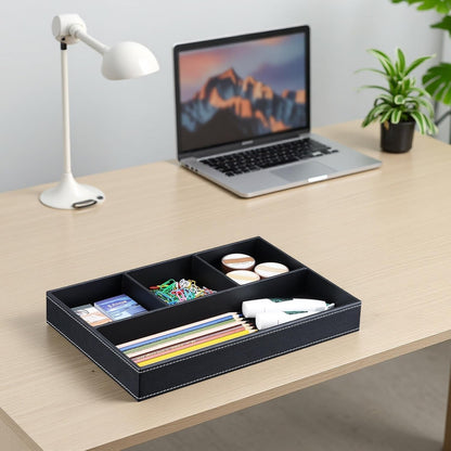 KINGFOM Pu Leather Desk Organizer Tray, 4 Compartment Office Storage Supplies Stationery Drawer Tray, Nightstand Bedside Tray for Key, Wallet, Watch, Coin, Phone Valet Tray Stackable