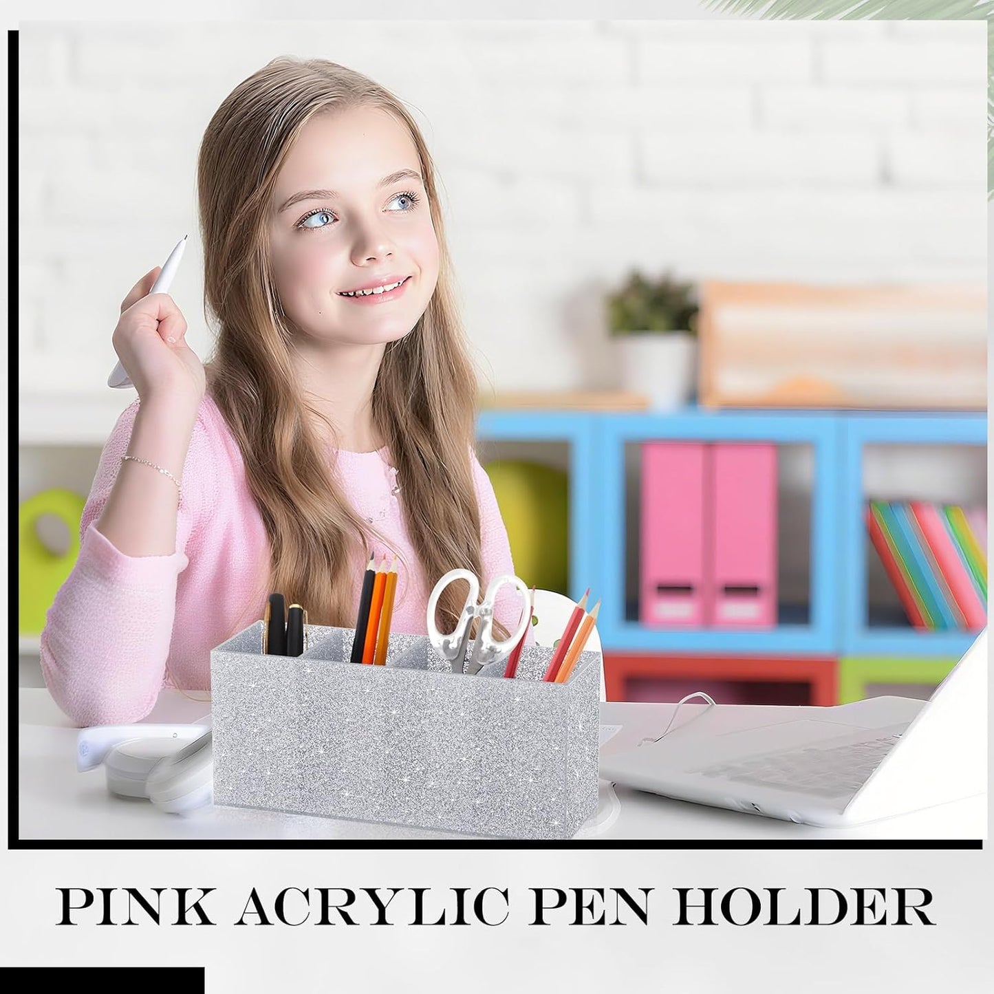 Jetec Acrylic Pen Holder 6 Compartments Makeup Brush Stationery Organizer Pencil Holder for Desk Accessories, Cosmetic Brushes, Dorm, Home, Bathroom, Kitchen, Office Supplies(Neon Pink)
