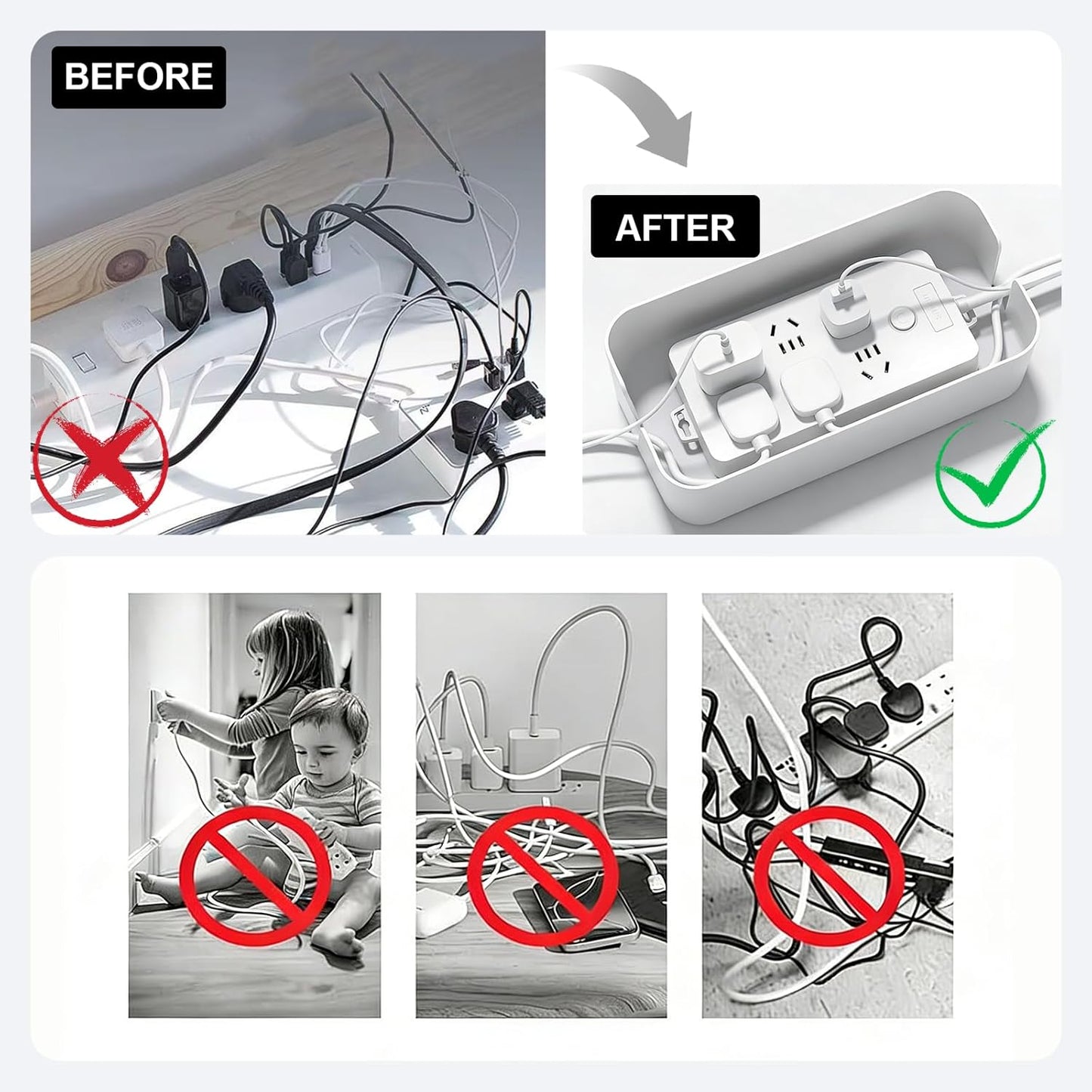 Vehamljyn Cord Organizer Box Multi-Hole Shunt Design Large Cable Management Box Hide Power Strips & Cords for Home Office Living Room (White)