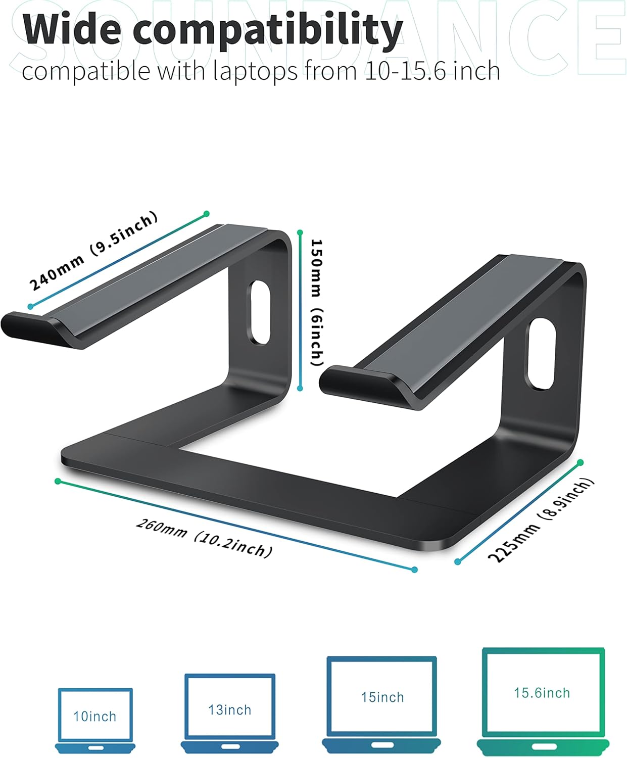 SOUNDANCE Laptop Stand, Aluminum Computer Riser, Ergonomic Laptops Elevator for Desk, Metal Holder Compatible with 10 to 15.6 Inches Notebook Computer, Silver