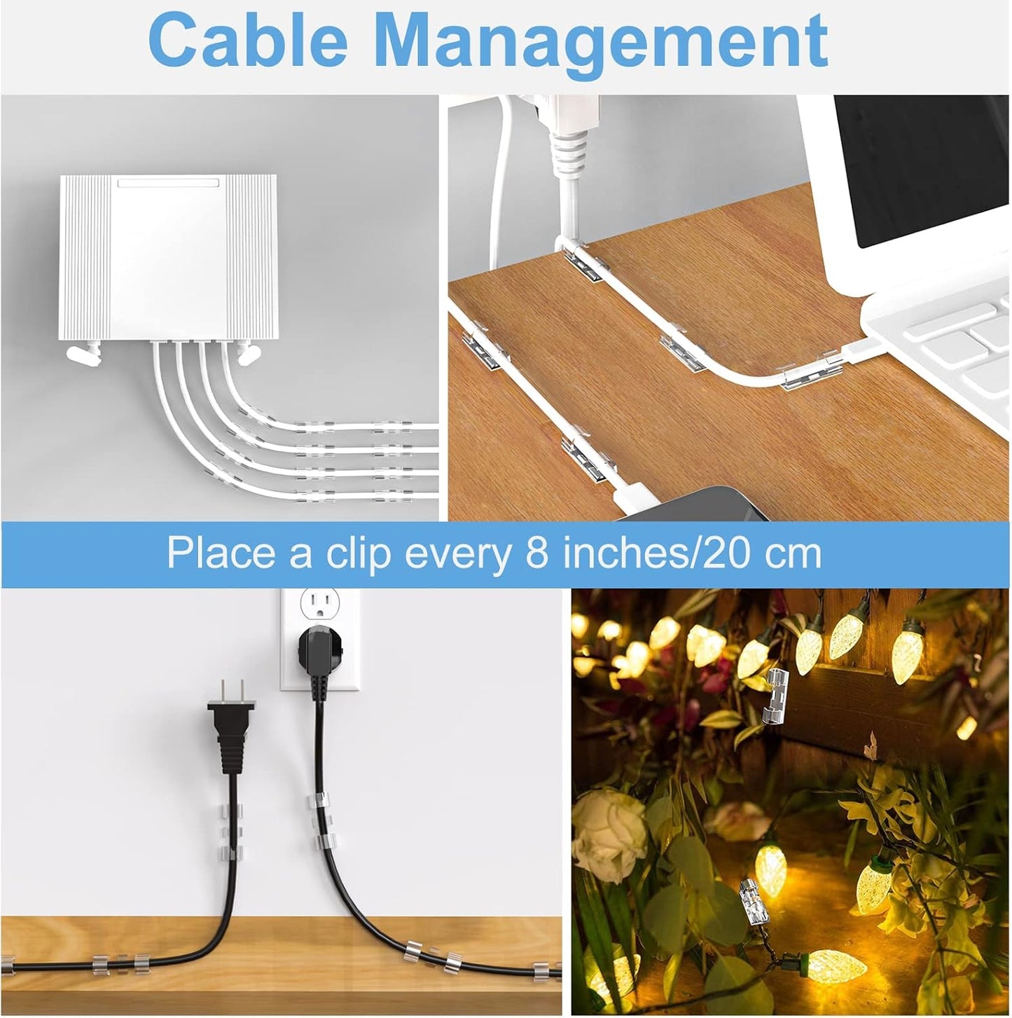 Adhesive Cable Clips Clear (40PCS, M), Upgraded Wire Holders for Wall, Strong Cord Organizer Under Desk, Car, PC, Christmas Light Indoor/Outdoor
