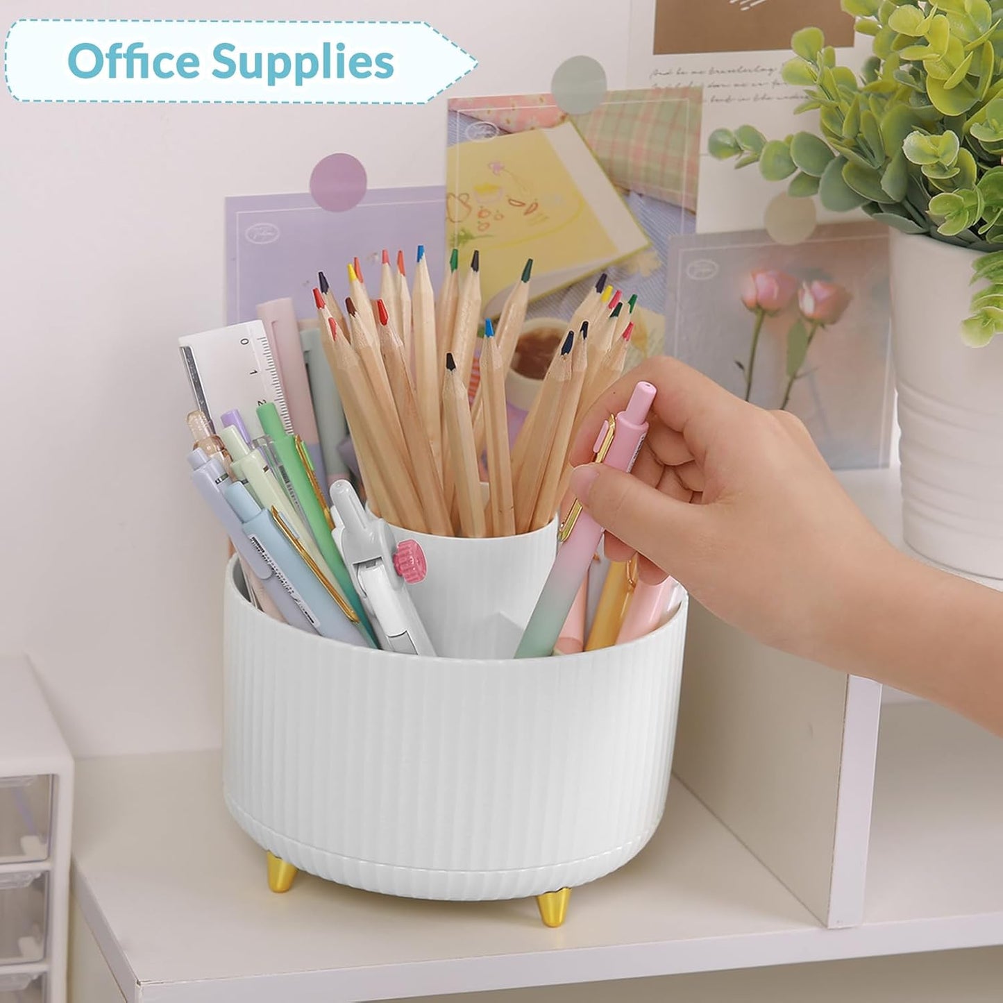 SKYDUE 360 Rotating Purple Pen & Art Supply Organizer - 5 Slot Desk Organizer for Office, School, Home