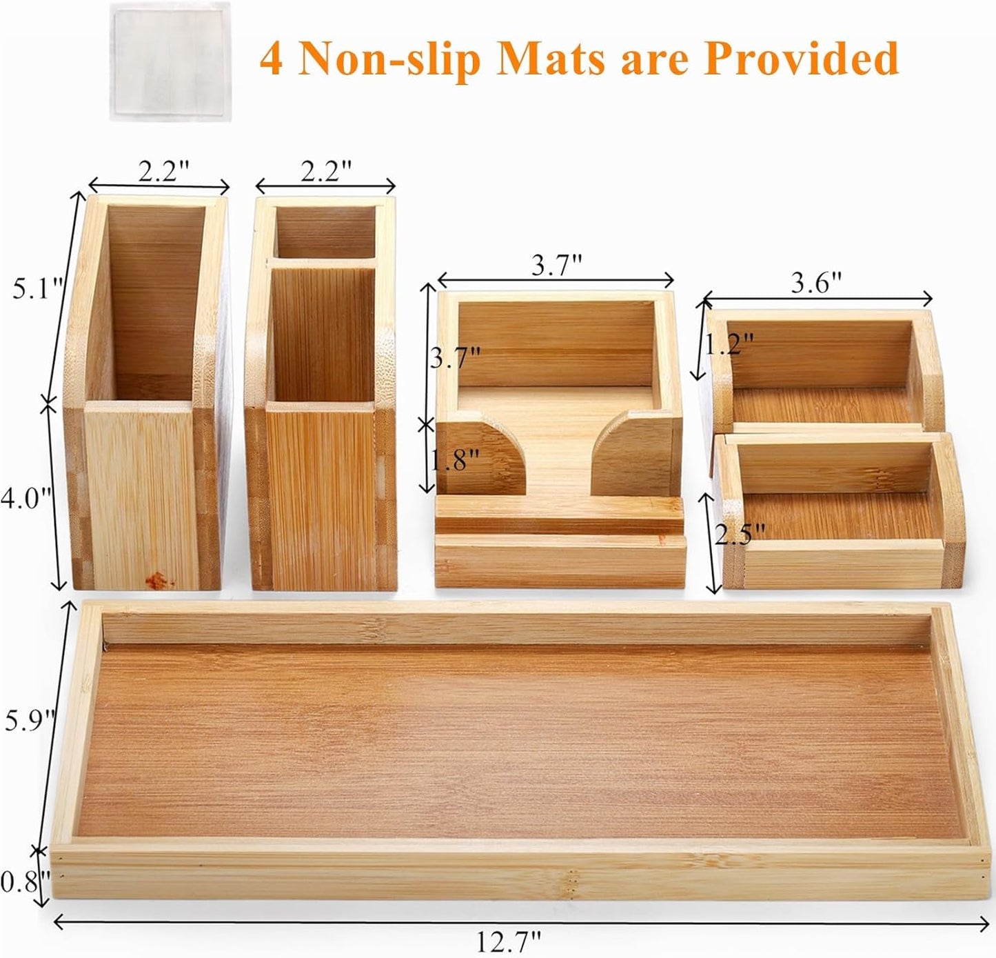 Cididu Bamboo Desk Vanity Tray, 7 Pieces Adjustable Pen Holder Stationery Caddy, Bathroom Vanity Organizer Set, Sturdy Countertop Tray Storage Boxes Office Supplies for Makeup Small Items Home Kitchen