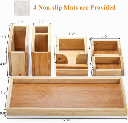 Cididu Bamboo Desk Vanity Tray, 7 Pieces Adjustable Pen Holder Stationery Caddy, Bathroom Vanity Organizer Set, Sturdy Countertop Tray Storage Boxes Office Supplies for Makeup Small Items Home Kitchen
