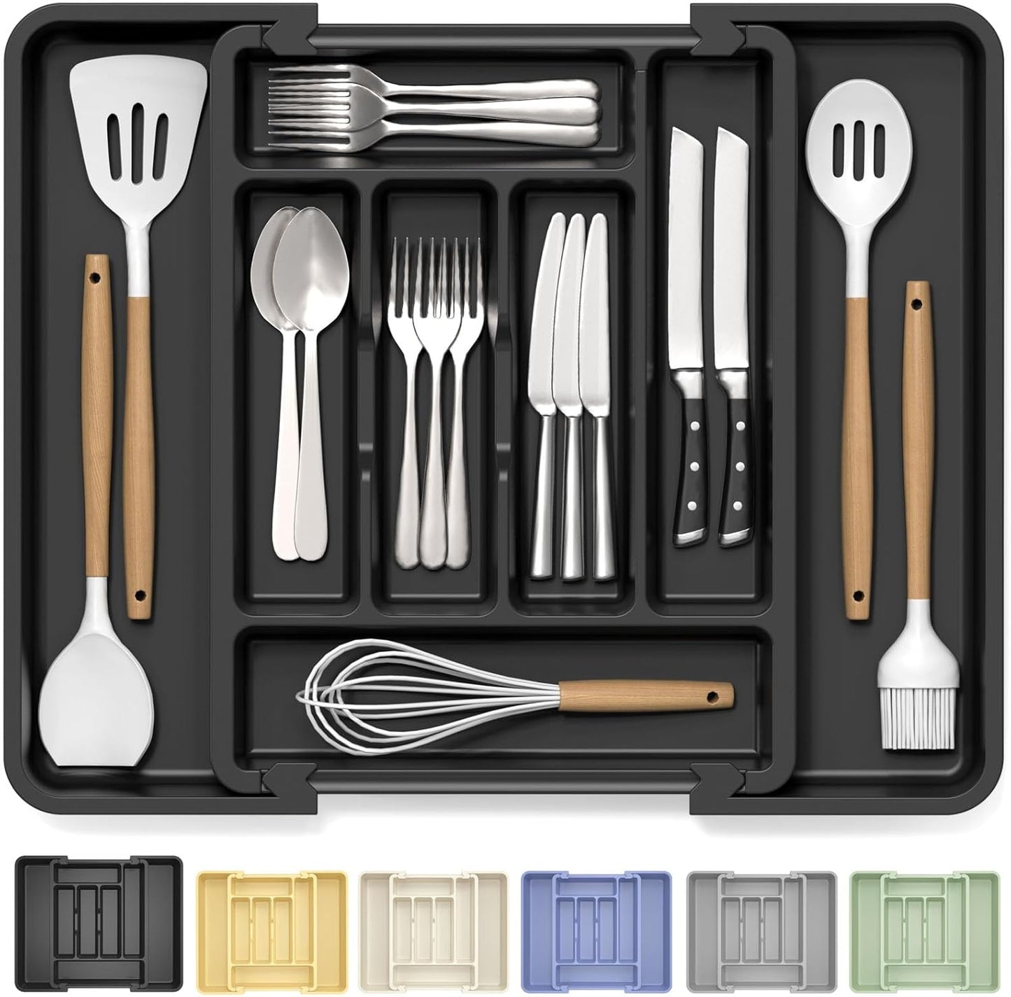 Caperci Large Silverware Organizer for Kitchen Drawer & Utensils - Expandable Drawer Organizer for Cutlery, Flatware & Gadget, BPA-Free Thick Plastic, Wider Compartments & Non-skid Feet (Tofu)