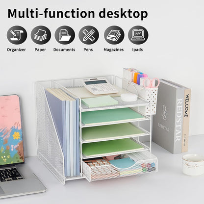 Desk Organizer with Drawer and Pen Holder, 5-Tier Paper Letter Tray Organizer with File Holder, Suitable for Workspace Organizer Office Supplies Storage (Black)