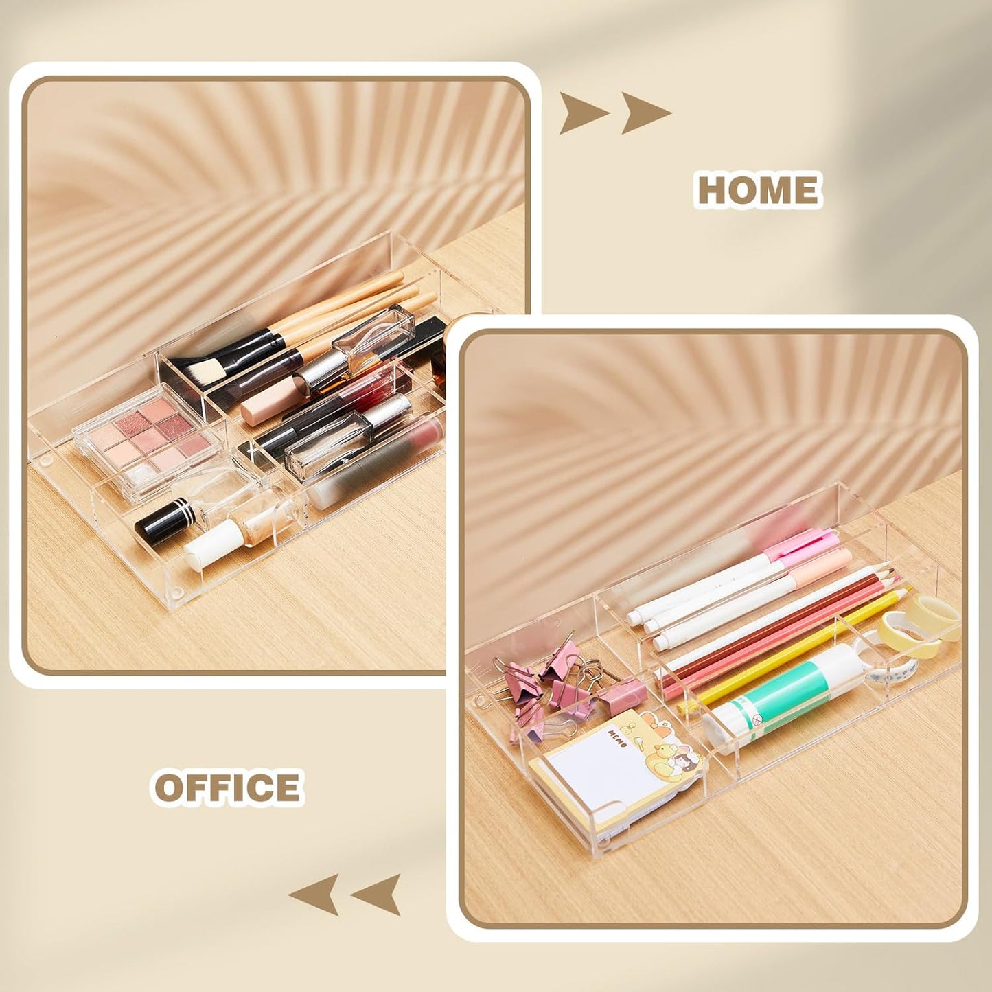 Briwooody Clear Acrylic Desk Drawer Organizer 11 x 6.1 x 1.38 Inch Storage Tray Organizer for Pens, Stationery, Desktop, Office, Bathroom, Kitchen, Makeup Supplies (6 Compartments)