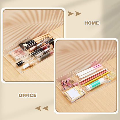Briwooody Clear Acrylic Desk Drawer Organizer 11 x 6.1 x 1.38 Inch Storage Tray Organizer for Pens, Stationery, Desktop, Office, Bathroom, Kitchen, Makeup Supplies (6 Compartments)