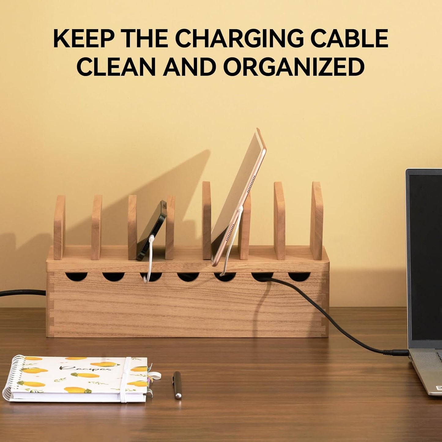 KIRIGEN Charging Station Organizer for Multiple Devices Desktop Organizer Wooden Cable Management with 7 Ports for Cell Phones, Tablets, Earphones GDXH-DBR