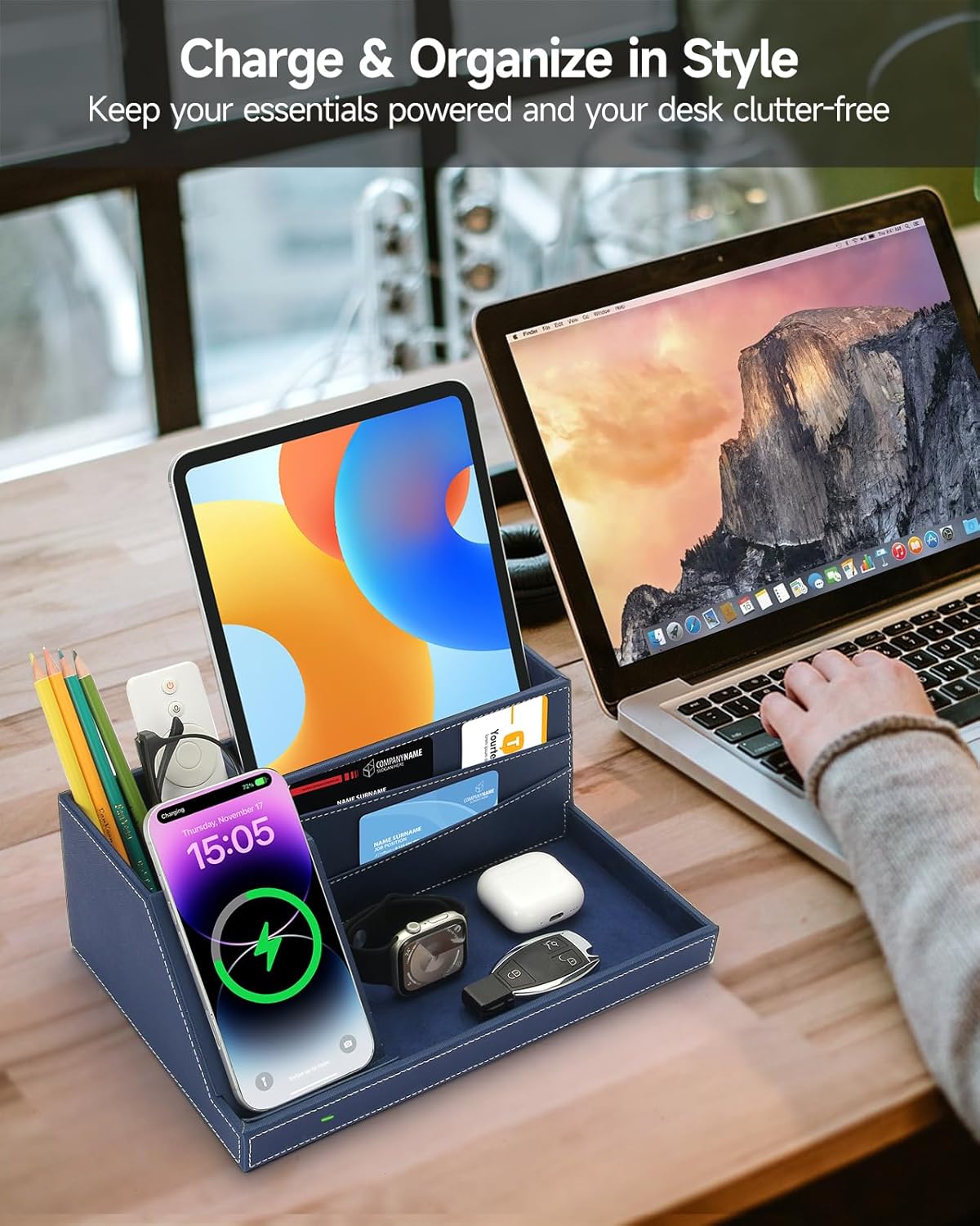 Fast Wireless Charging Station with Desk Organizer for iPhone 17/16/15/15 Pro/14/14 Pro Max/14 Pro/14 Plus/13/13 Pro Max/13 Pro/and iPhone 12/11 Series, Nightstand Desktop Organizer, Brown