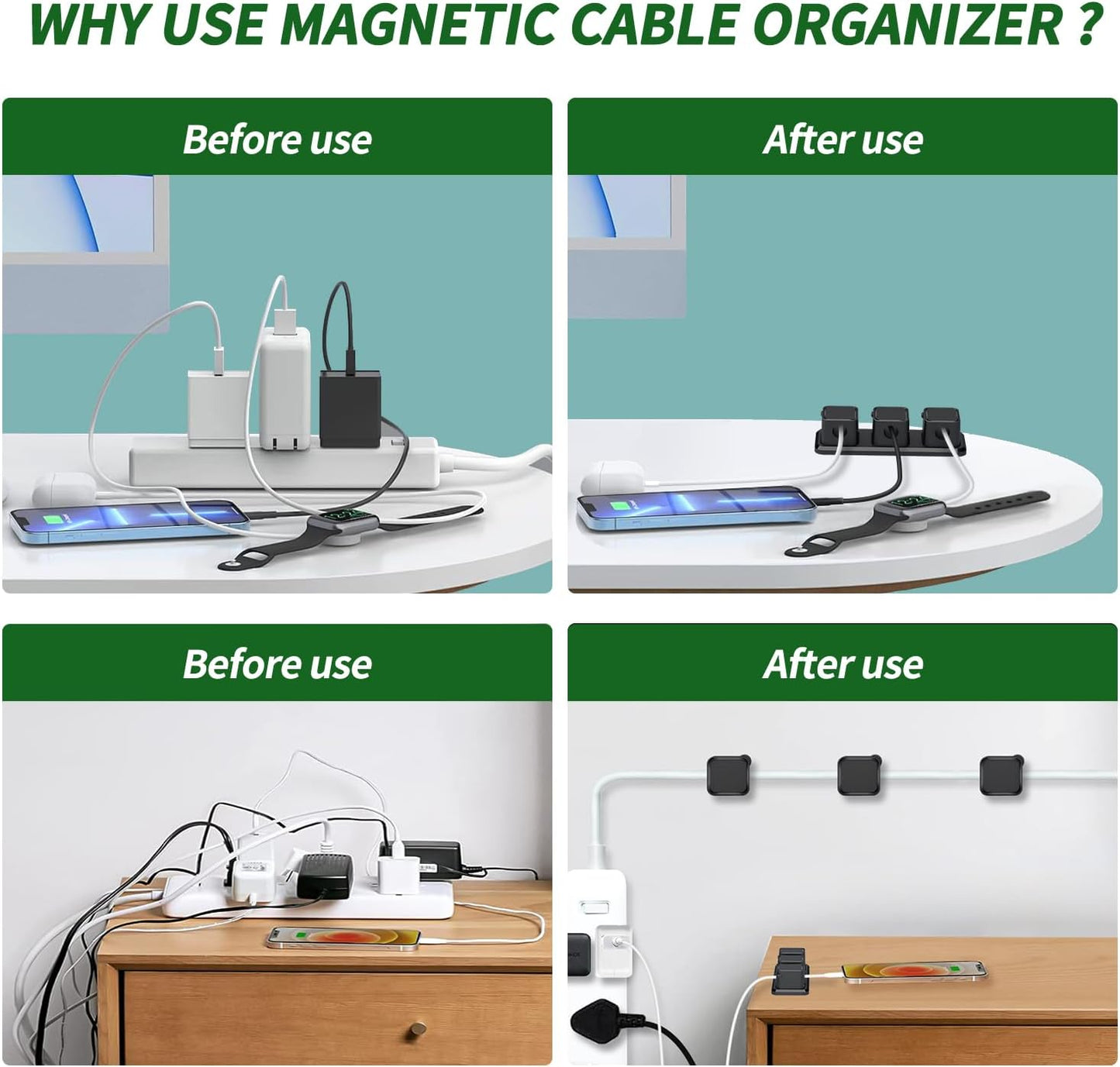 Magnetic Cable Organizer for Desk – Upgraded Wire Clips with Adhesive Base – Desktop Cord Holder for USB, Charging Cables – 6 Clips + 1 Magnetic Base (Black)