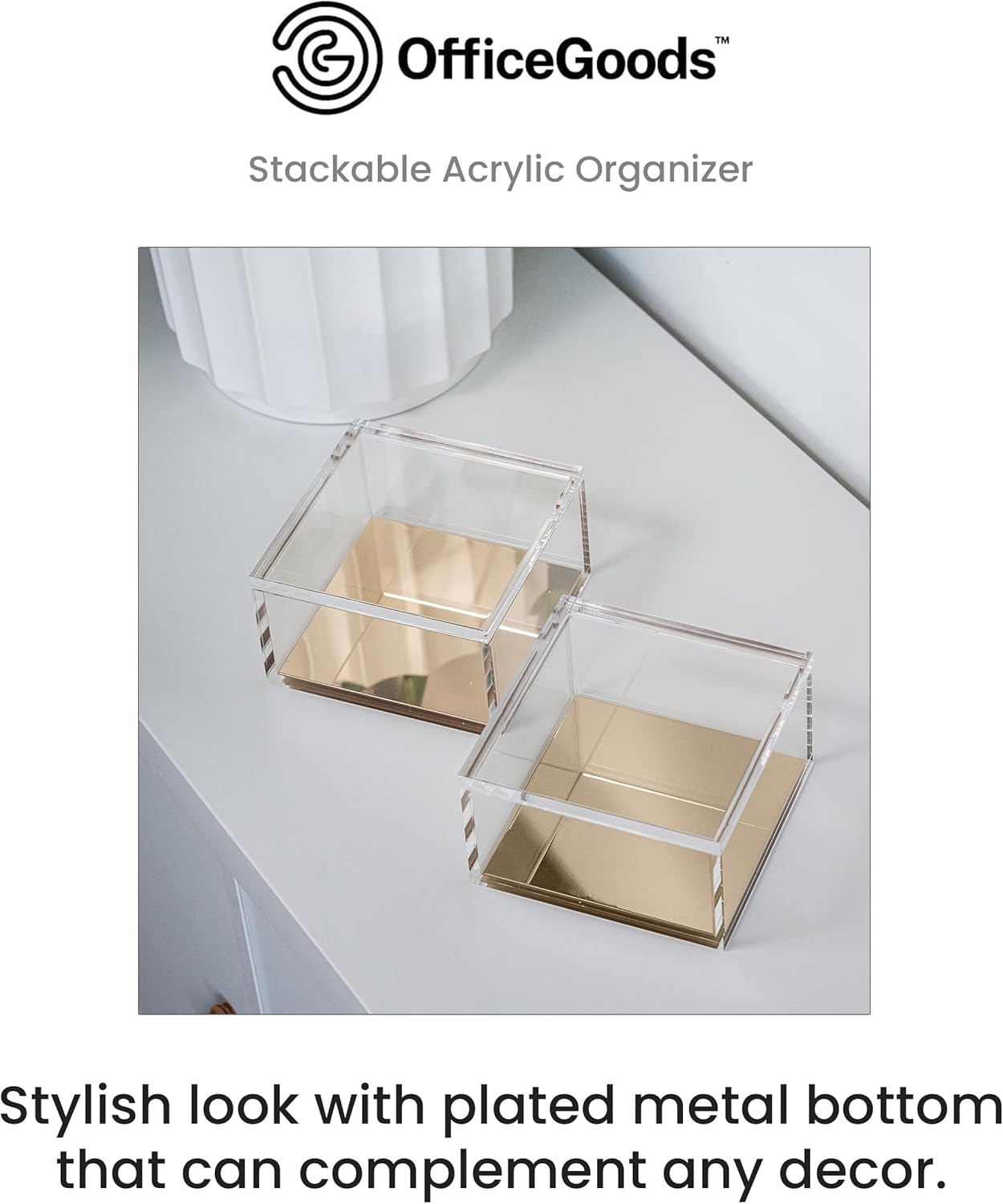 OfficeGoods 3-Tier Stackable Acrylic Holder- Stylish Desk Organizer and Storage for Office or Home – Transparent Round Design with Gold Metal Base
