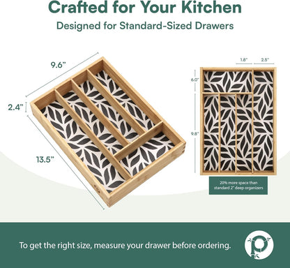 Pristine Bamboo Expandable Drawer Organizers for Kitchen - Extra Deep Non-Slip 17” x 14.6” (expands up to 25 inches) - Dark Wooden Silverware Divider (10 Compartments) – Organize Cooking Utensils