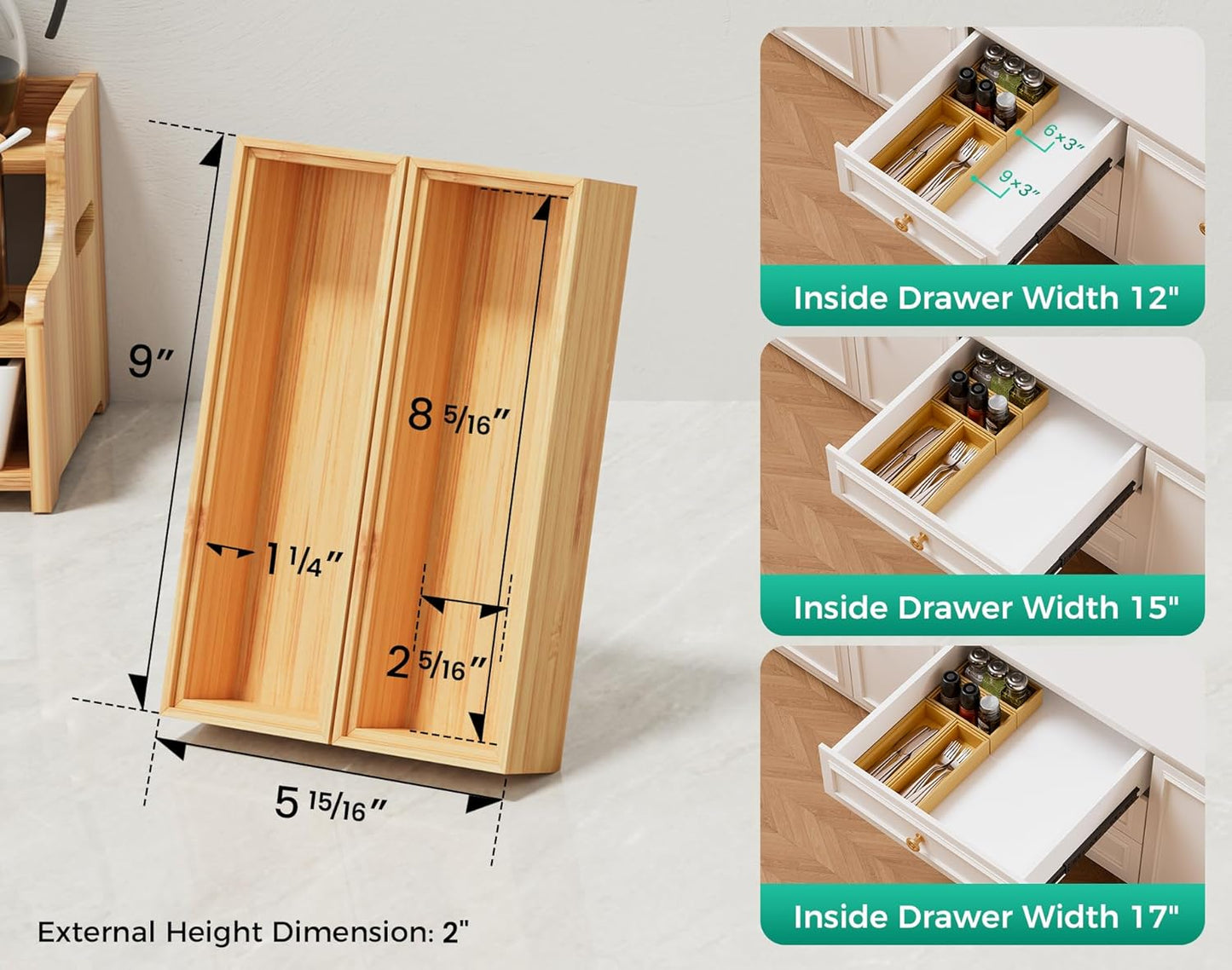 Bamboo Kitchen Drawer Organizer Set of 2, Stackable 15" x 6" Wood Silverware Utensil Tray for Drawers Bins, Cutlery & Flatware Storage – Wooden Boxes Organizers for Junk Drawer, Bathroom, RV