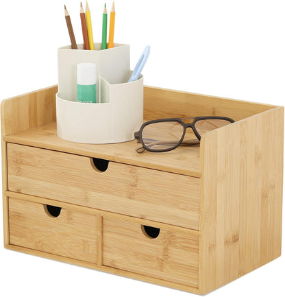 Desk Organizer with Drawers - Bamboo Desktop Organizer Storage | Wood Desk Drawers Organizer for Bills, Office Supplies, Cosmetics, Seals No Assembly Required (3 Drawer with Big Drawer)