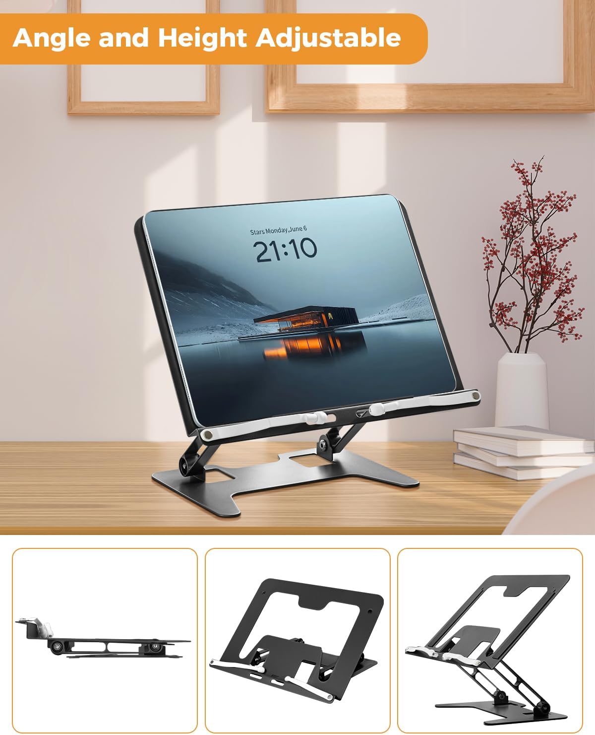 Honagu Adjustable Laptop Stand for Desk, Metal Foldable Laptop Riser, Portable Desktop Book Stand Holder, Ergonominc Computer Notebook Stand Compatible with 10-15.6” Laptops (Silver)