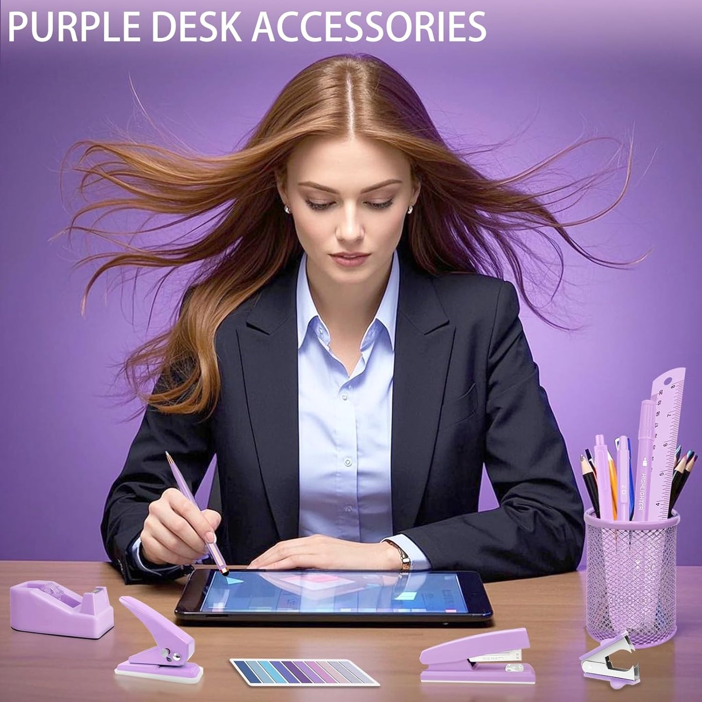 Purple Desk Accessories, 17Pcs Purple Office Supplies Set with Stapler, Mesh Desk Organizer, Tape Dispenser, Staple Remover, Pen Holder, Clips, Pens, Ruler, for Office Home School Women Students Gift