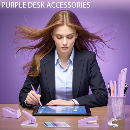 Purple Desk Accessories, 17Pcs Purple Office Supplies Set with Stapler, Mesh Desk Organizer, Tape Dispenser, Staple Remover, Pen Holder, Clips, Pens, Ruler, for Office Home School Women Students Gift