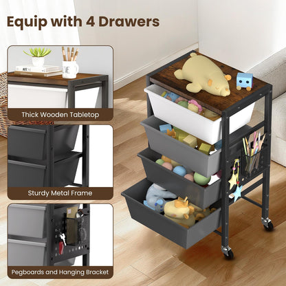 Rolling Cart with 3 Drawers, Plastic Drawer Storage Carts with Lockable Wheels & Wooden Tabletop, Metal Utility Cart Organizer, Office Bedroom Classroom Craft Organization and Storage, Bright White