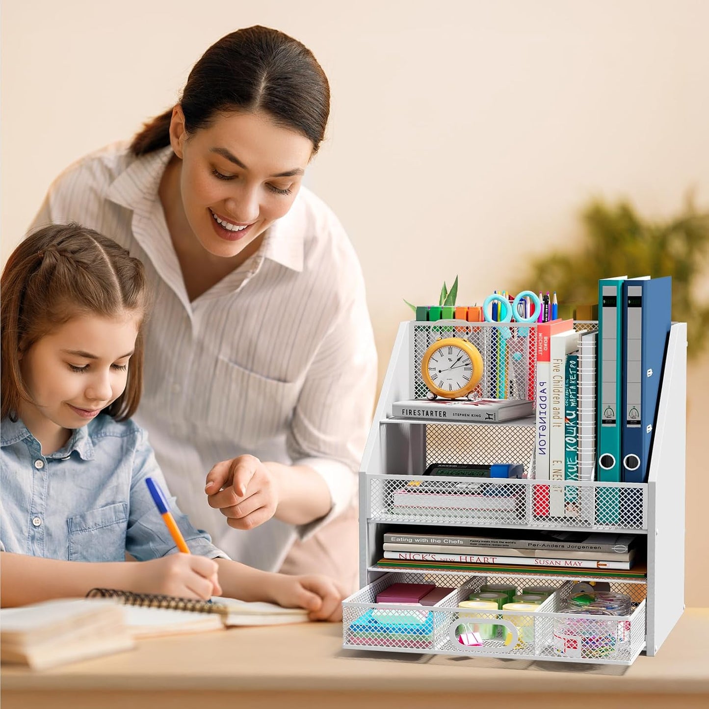Homsorout Wooden Desk Organizer - Mesh File Organizer with Drawers and Pen Holder - 4-Tier Vertical Paper Letter Storage Tray, Desktop Organizers and Accessories for Home Office