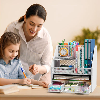 Homsorout Wooden Desk Organizer - Mesh File Organizer with Drawers and Pen Holder - 4-Tier Vertical Paper Letter Storage Tray, Desktop Organizers and Accessories for Home Office
