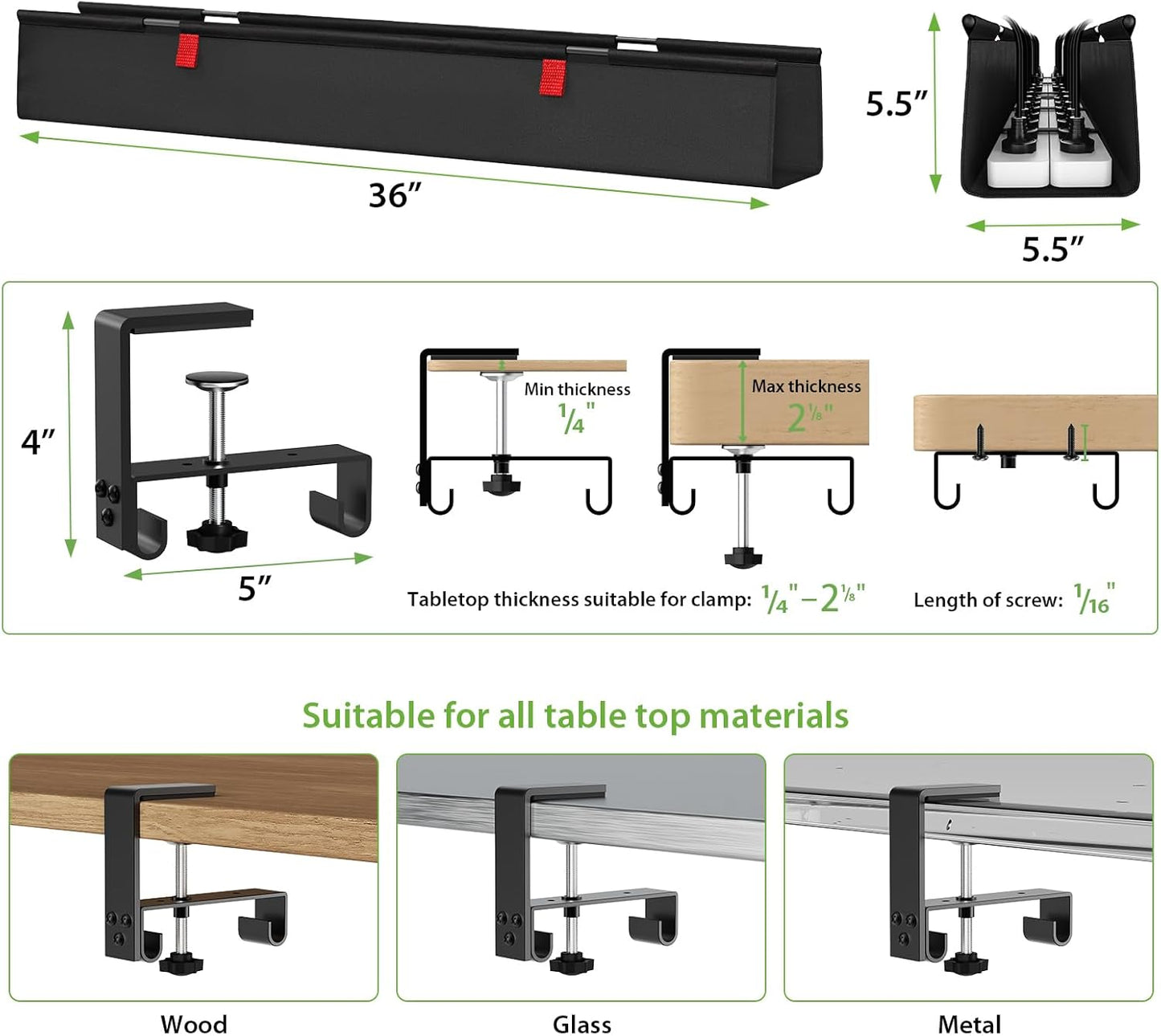 KEEGH Extra Large 48" Under Desk Cable Management Tray - Under Desk Cord Management - Clamp/Screw Mount - Support Upto 70lbs - Fabric Wire Management - Cable Raceways Tray Cord Hiders for Office/Home