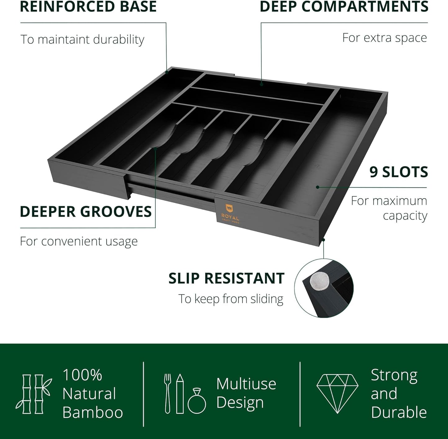 ROYAL CRAFT WOOD Luxury Bamboo Kitchen Drawer Organizer - Silverware Organizer, Utensil Holder & Cutlery Tray Drawer Dividers for Flatware (9 Slot, Natural)