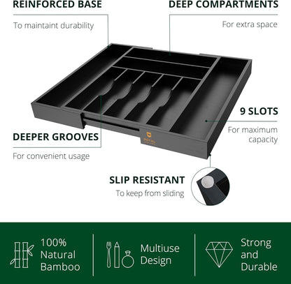 ROYAL CRAFT WOOD Luxury Bamboo Kitchen Drawer Organizer - Silverware Organizer, Utensil Holder & Cutlery Tray Drawer Dividers for Flatware (9 Slot, Natural)