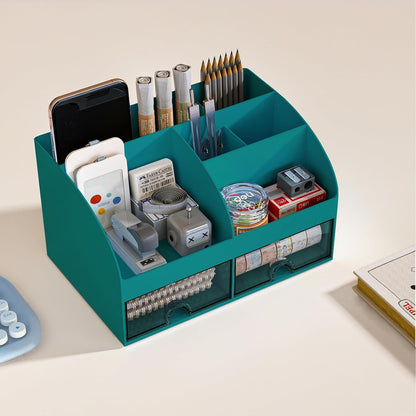 COMFYROOM Desk Organizer with 6 Compartments and 2 Drawers, Plastic Makeup Organizer, Pen Holder for Desktop Storage, Desk Organization for School, Home, Office Supplies (White)